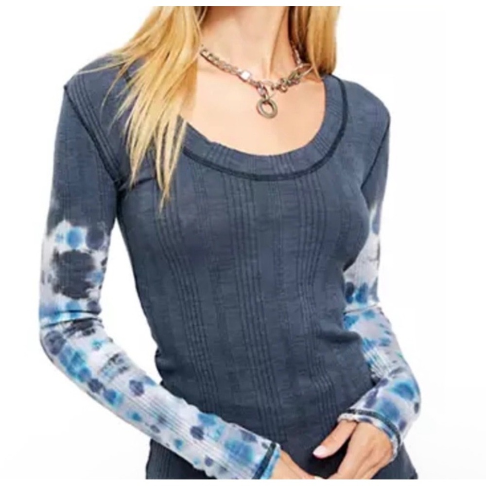 Free People We The Free Thermal Top Womens Largeβ Tie Dye Sleeve Ribbed Grey